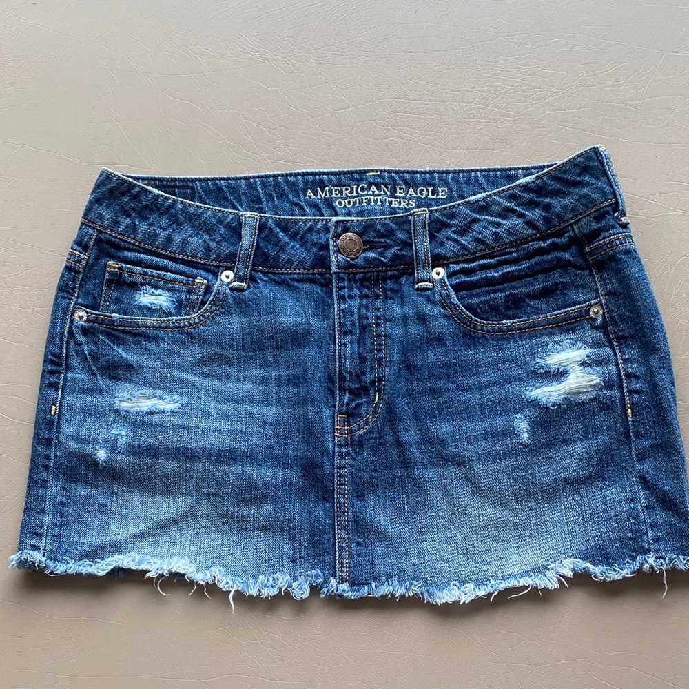 American Eagle Outfitters Dark Blue Distressed Denim Mini Skirt